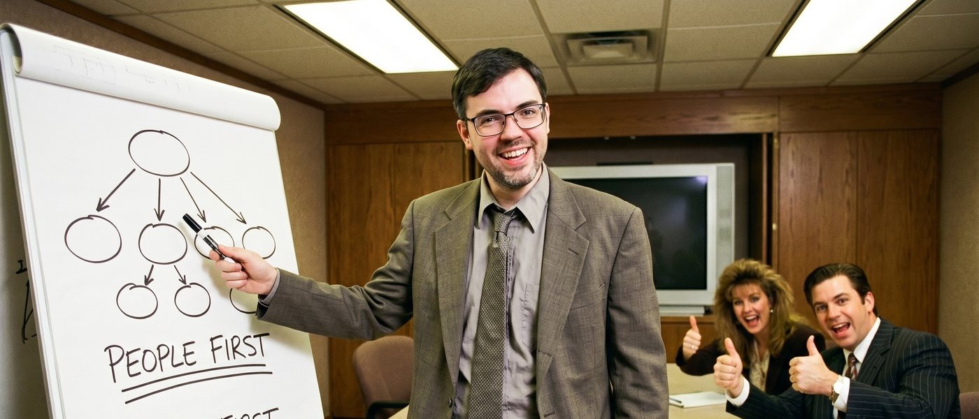 Jeff at a flip-chart org chart with two coworkers giving thumbs-up